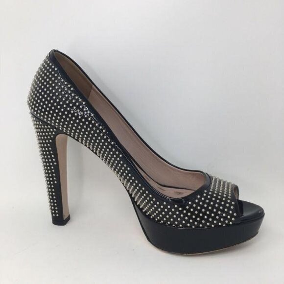 Miu Miu PRADA Shoes Heels Pumps Black Patent Studs Peep Toe Italy 39 - Picture 13 of 14